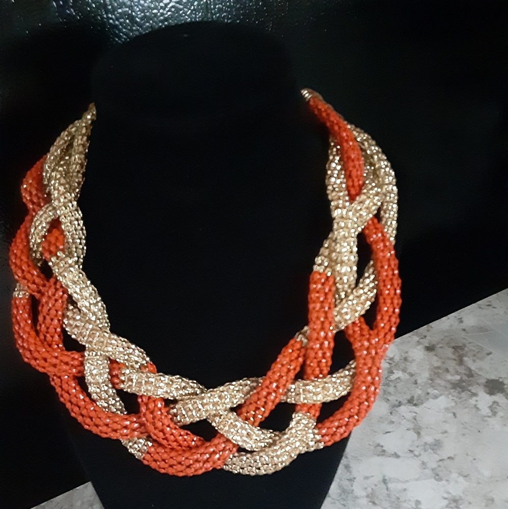 Large Braided Necklace Orange and Gold